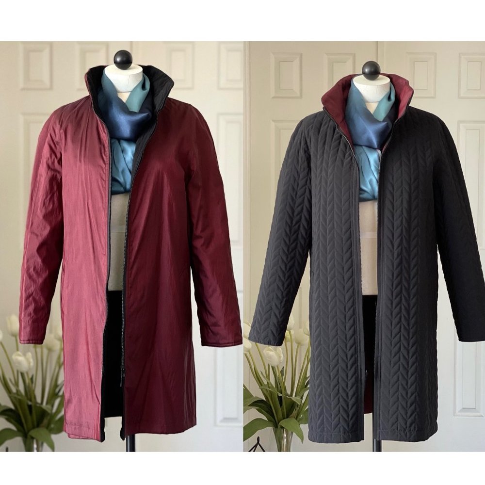 EUC Gallery Reversible Long Coat in Burgundy Red/Black Size M